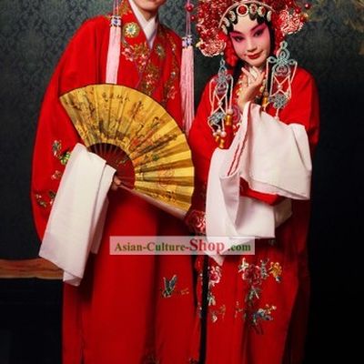 Chinese Beijing Opera Red Sheng and Dan Actress and Actor Two Costumes and Hats