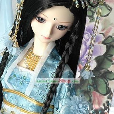 Ancient Chinese Light Blue Hair Accessories and Long Wig Complete Set