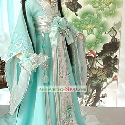 Ancient Chinese Light Blue Princess Clothing, Wig and Hair Accessories Complete Set
