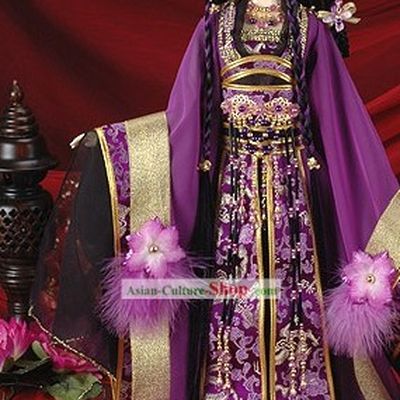 Ancient Chinese Palace Empress Purple Costumes, Hair Accessoreis and Wig Complete Set