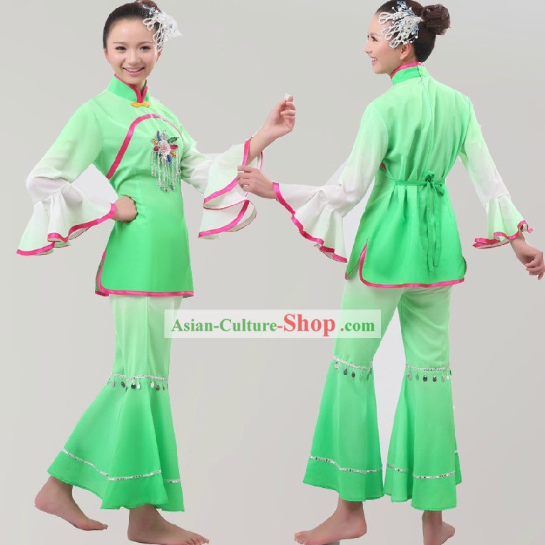 Chinese White and Green Color Transition Fan Dance Costumes