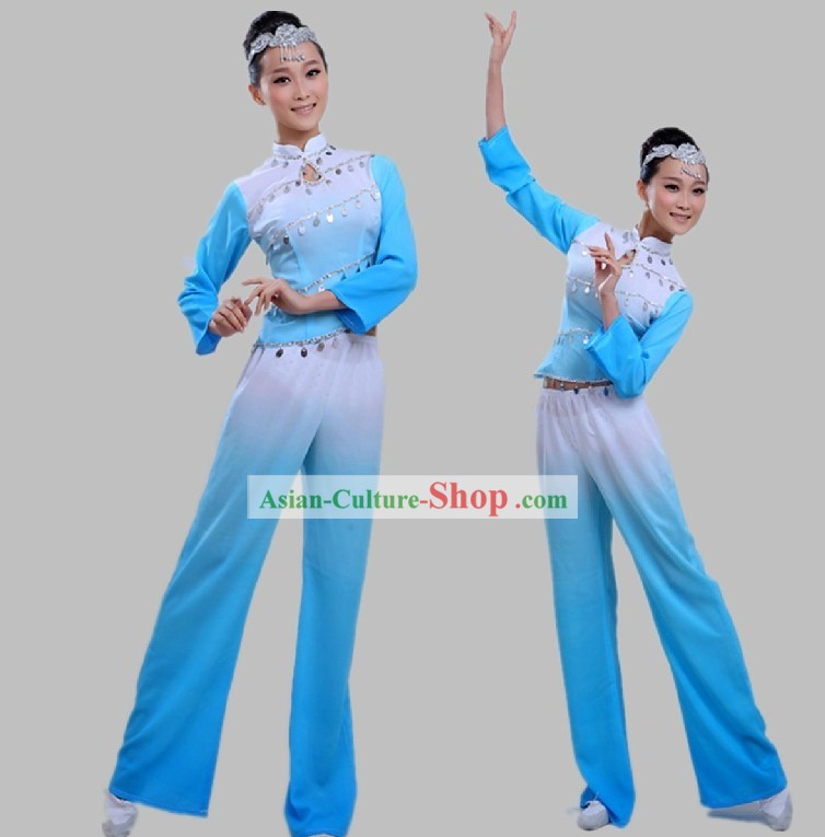 Chinese White and Blue Color Transition Fan Dance Costumes