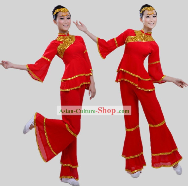 Chinese Red Fan Dancing Costumes for Women