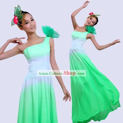 Chinese Color Transition Green Fan Folk Dancing Costume for Women