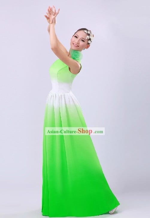 Chinese Green to White Color Transition Modern Dance Costume