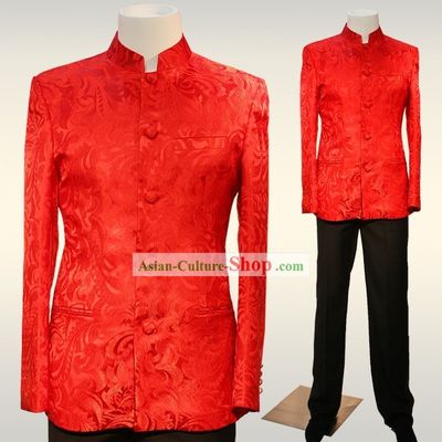 Chinese Mandarin Red Wedding Ceremonial Blouse for Bridegrooms