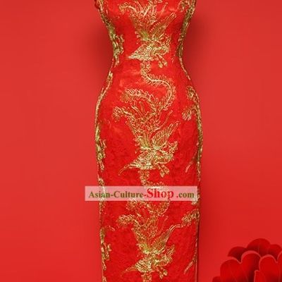 Chinese Stunning Red Gold Phoenix Wedding Cheongsam