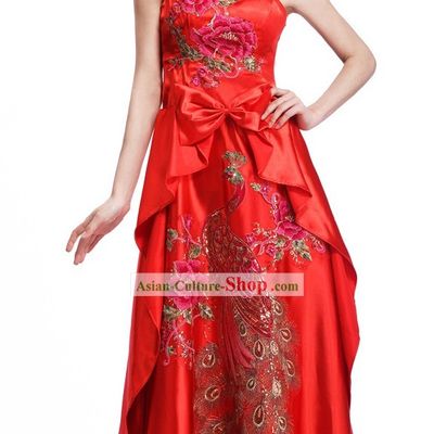 Chinese Classic One Shoulder Peacock Cheongsam for Ladies