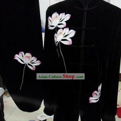 Black Silk Embroidered Lotus Kung Fu Uniform for Women