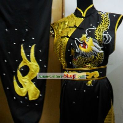 Black and Gold Dragon Competition Wushu Silk Uniform