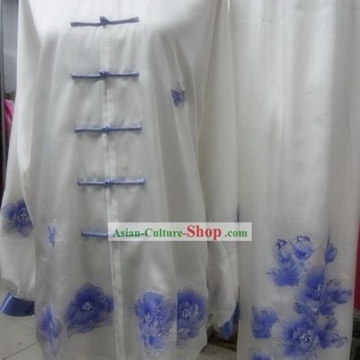 Supreme Embroidered Blue Flower Silk Kung Fu Blouse and Pants Set