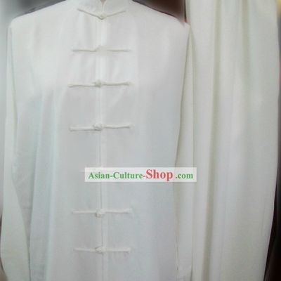 Plain White Cotton and Silk Kung Fu Dress and Pants