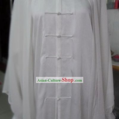 Supreme Silk White Embroidered Flower Tai Chi Clothes, Pants and Cape