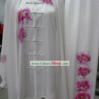 Supreme Silk White Embroidered Flower Taiji Clothes, Pants and Cape
