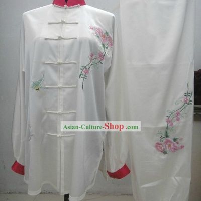 Plain White Embroidered Everflowering Rose Kung Fu Clothing Complete Set