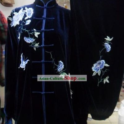 Blue Embroidered Butterfly Flower Wushu Costumes Complete Set