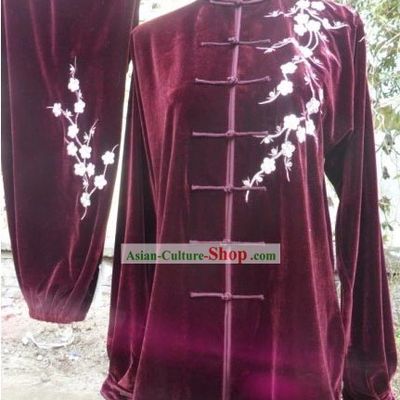 Red Velvet Plum Blossom Embroidery Kung Fu Dress Complete Set