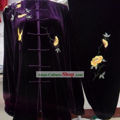 Purple Velvet Butterfly and Flower Embroidery Kung Fu Costumes Complete Set