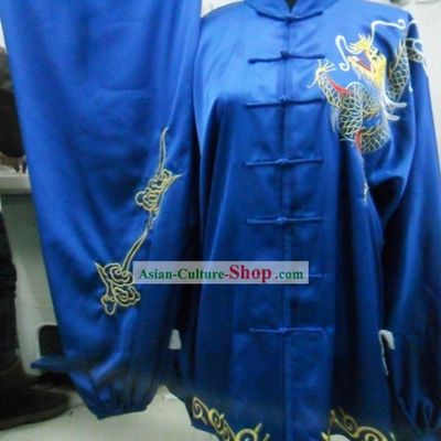 Blue Silk Dragon Kung Fu Contest Uniform for Men