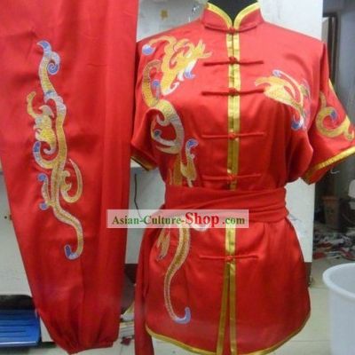 Chinese Classic Red Silk Embroidery Wu Shu Uniform for Men