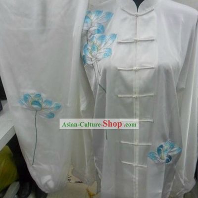 White Silk Lotus Embroidery Tai Chi Dress for Women