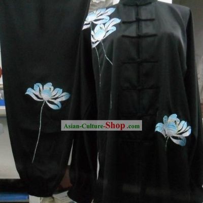 Black Silk Lotus Embroidery Tai Chi Uniform for Women