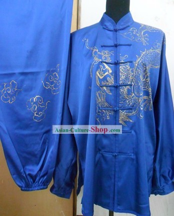 Blue Martial Arts Competition Silk Dragon Uniform for Men