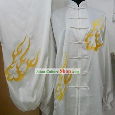 White Flame Pattern Kung Fu Silk Suit for Men
