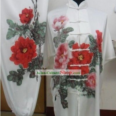 Short Sleeve Silk Hand Painted Peony Tai Chi Performance Uniform for Women