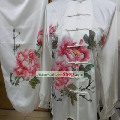 Long Sleeve Silk Hand Painted Peony Tai Chi Competition Uniforms for Women