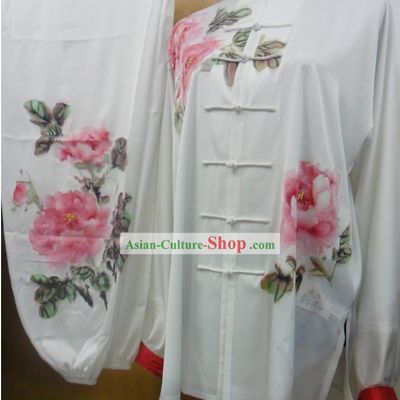 Chinese Classic Silk Hand Painted Peony Tai Chi Competition Uniforms for Women