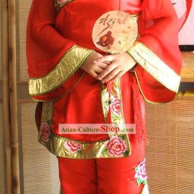 Ancient Chinese Red Fan Dance Costume Complete Set