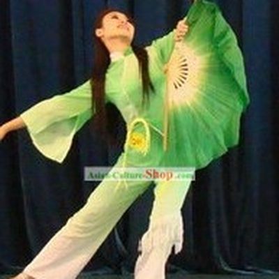 Double Sides Green Silk Dance Fan
