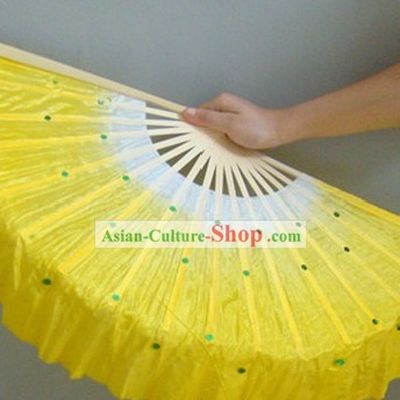 Chinese Color Transition White and Yellow Sequins Silk Dance Fan
