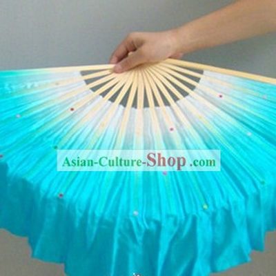 Chinese Color Transition White and Blue Sequins Silk Dance Fan