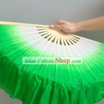 Chinese Color Transition White and Green Sequins Silk Dance Fan