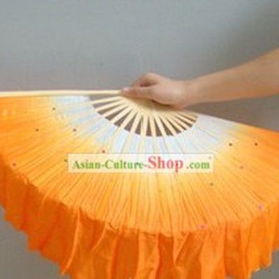 Chinese Color Transition White and Orange Sequins Silk Dance Fan