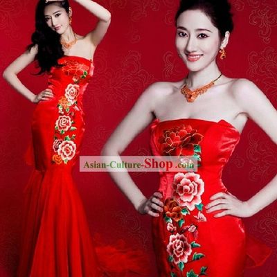 Chinese Classic Red Peony Mermaid Style Wedding Dress