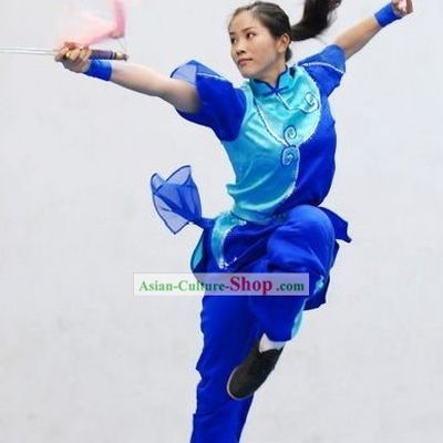 Blue Chinese Martial Arts Kung Fu Competition Silk Uniforms for Women