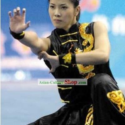 Black Chinese Martial Arts Kung Fu Competition Silk Suit for Women