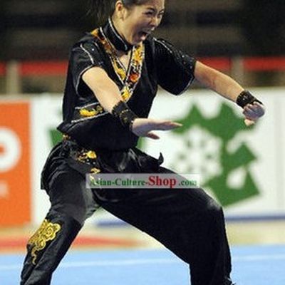 Black Kung Fu Competition and Exercises Silk Dress Complete Set for Women
