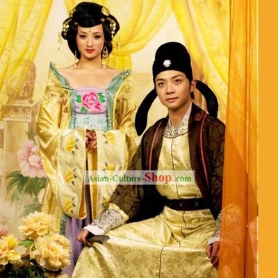 Ancient Chinese Tang Dynasty Husband and Wife Clothing and Hat Two Complete Sets
