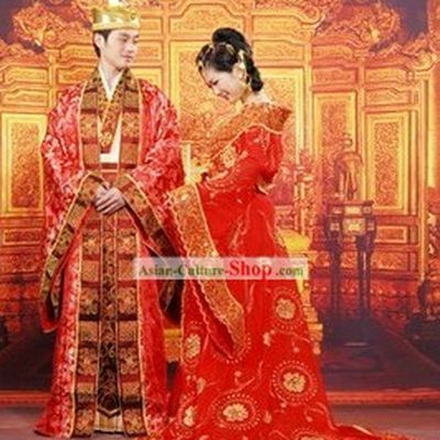 Ancient Chinese Wedding Dresses and Hats Two Complete Sets for Men and Women