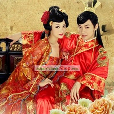 Ancient Chinese Wedding Clothes Two Sets and Hair Accessories for Bride and Bridegroom
