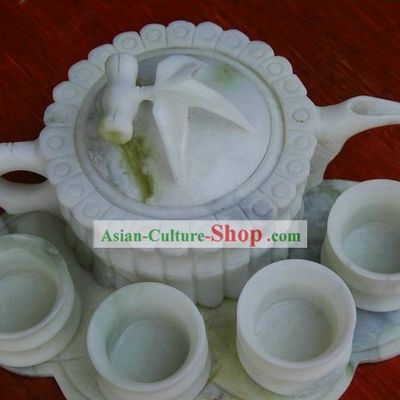 Chinese Lantian Jade Stone Bamboo Shape Teapot
