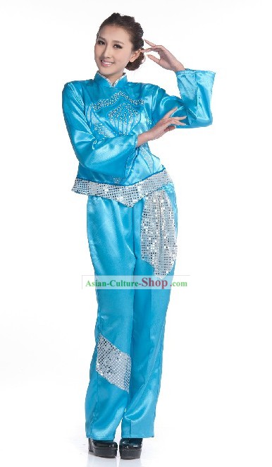 Traditional Chinese Blue Fan Dancing Costumes for Women
