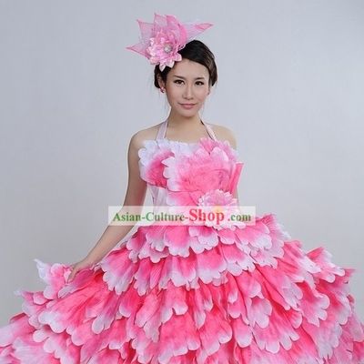 Pink Color Transition Flower Dance Costumes and Headpiece Complete Set for Women