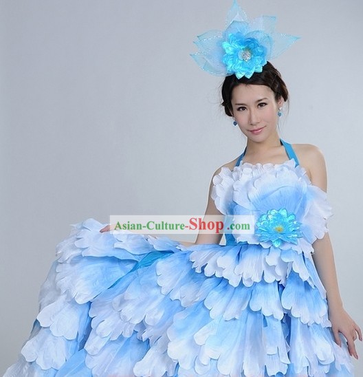 Blue Color Transition Flower Dance Costumes and Headpiece Complete Set for Women