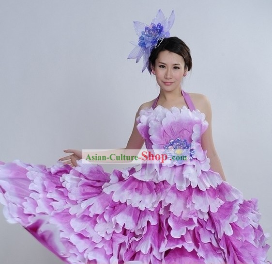 Pink Color Transition Flower Dance Costumes and Headpiece Complete Set for Women