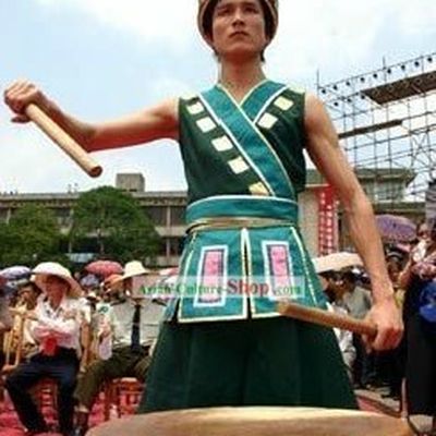 Chinese Ethnic Zhuang Drum Player Clothes and Hat Complete Set for Men
